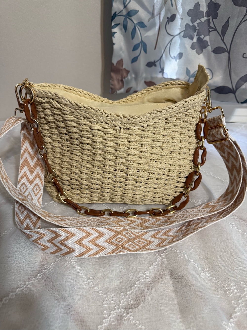 Woven Straw Crossbody Bag with Patterned Strap - Beige